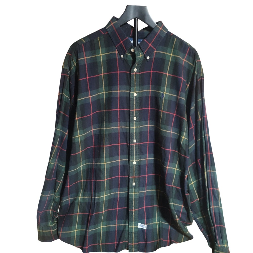Ralph Lauren Mens XXL Green Plaid Cotton Button Down Shirt Made in USA Pony Logo